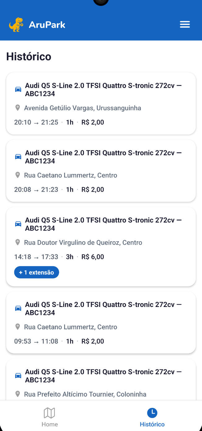 Tela de histórico com as sessões de estacionamento anteriores